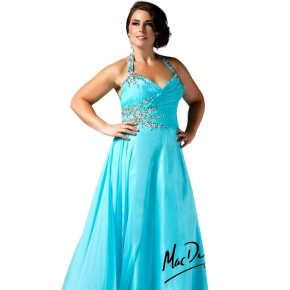Mac Duggal Fabulouss Halter Dress Ball Gown 81609f Size 16 Blue Rhinestone - Picture 3 of 9